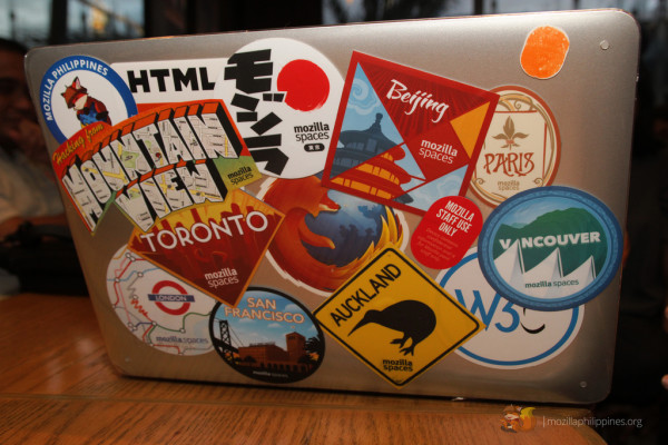 His laptop with all the Mozilla Spaces decals in it. Notice the one at the top left side corner -- our very own Alab!