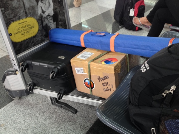 My luggage, Firefox swags and banner standee for Cagayan De Oro City.