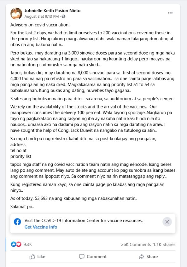 Screenshot of Cainta Mayor Nieto's Facebook post