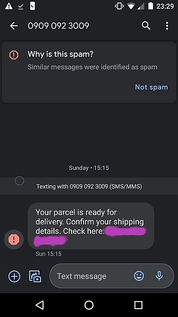 SMS showing fake parcel message