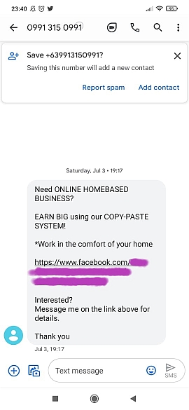 SMS showing homebased business opportunity scam