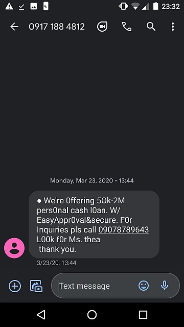 SMS showing loan scam message